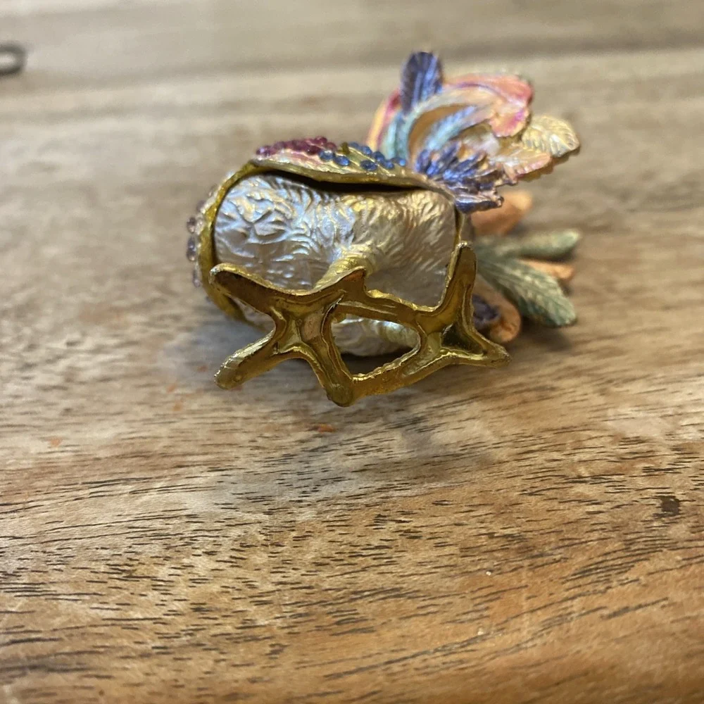 Multicolor Metal Bejewled Rooster Chicken Trinket Box Enameled Interior